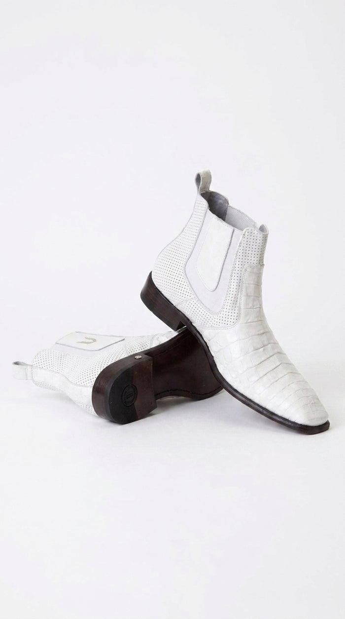 Men’s White Caiman Chelsea Boots, Handmade Exotic Dress Ankle Boots for Formal and Western Style