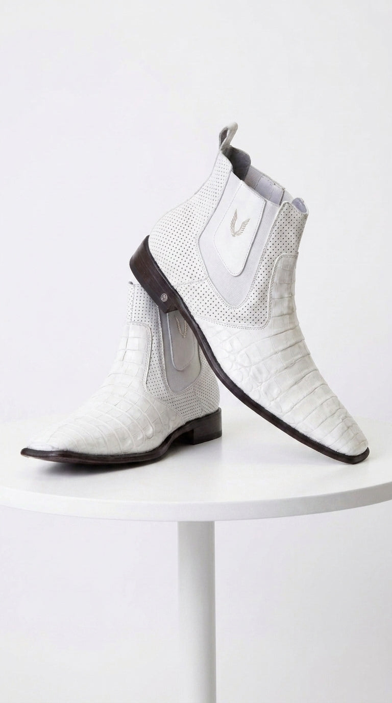 Men’s White Caiman Chelsea Boots, Handmade Exotic Dress Ankle Boots for Formal and Western Style