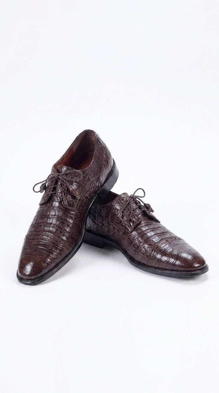Los Altos Men’s Brown Genuine Caiman Oxford Shoes, Exotic Lace-Up Formal Dress Shoes