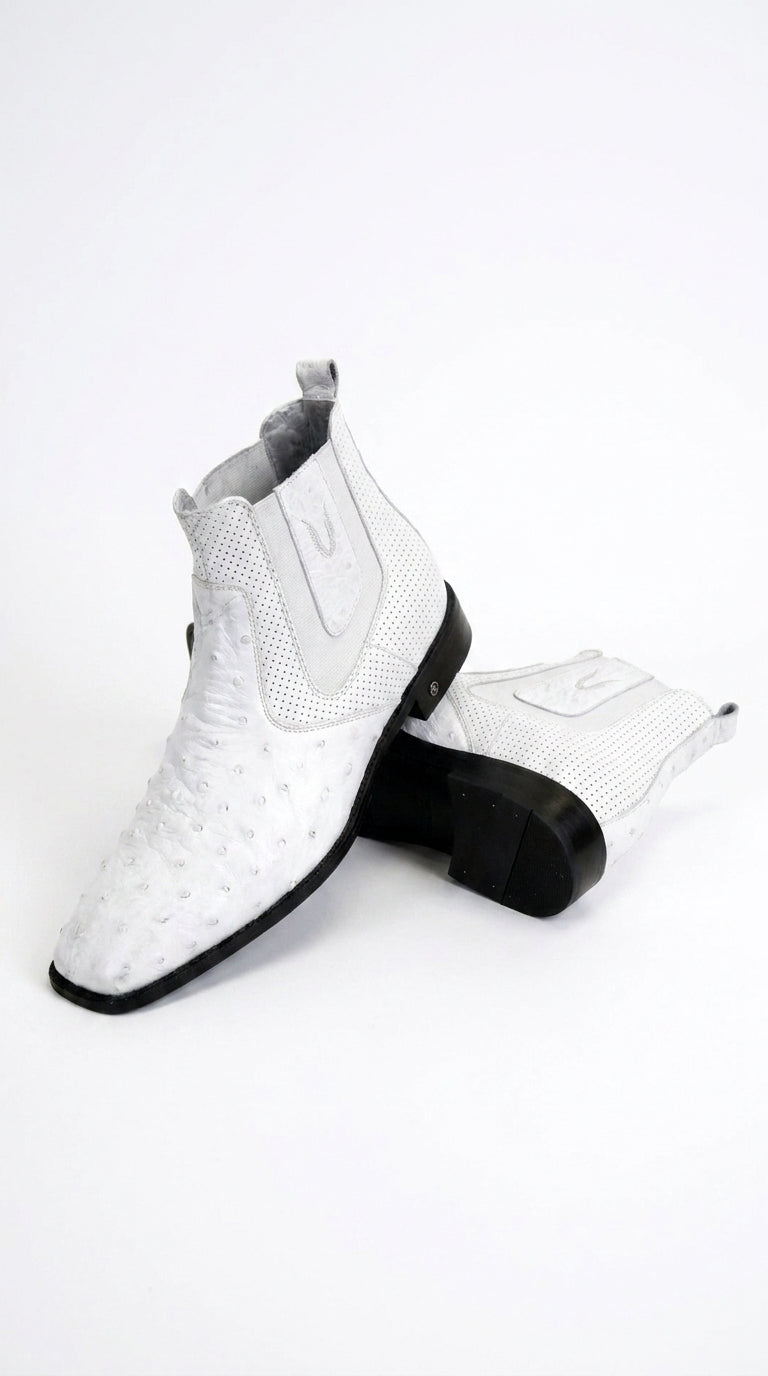 Men’s Handmade White Ostrich Chelsea Boots, Exotic Dress Ankle Boots for Formal and Western Style