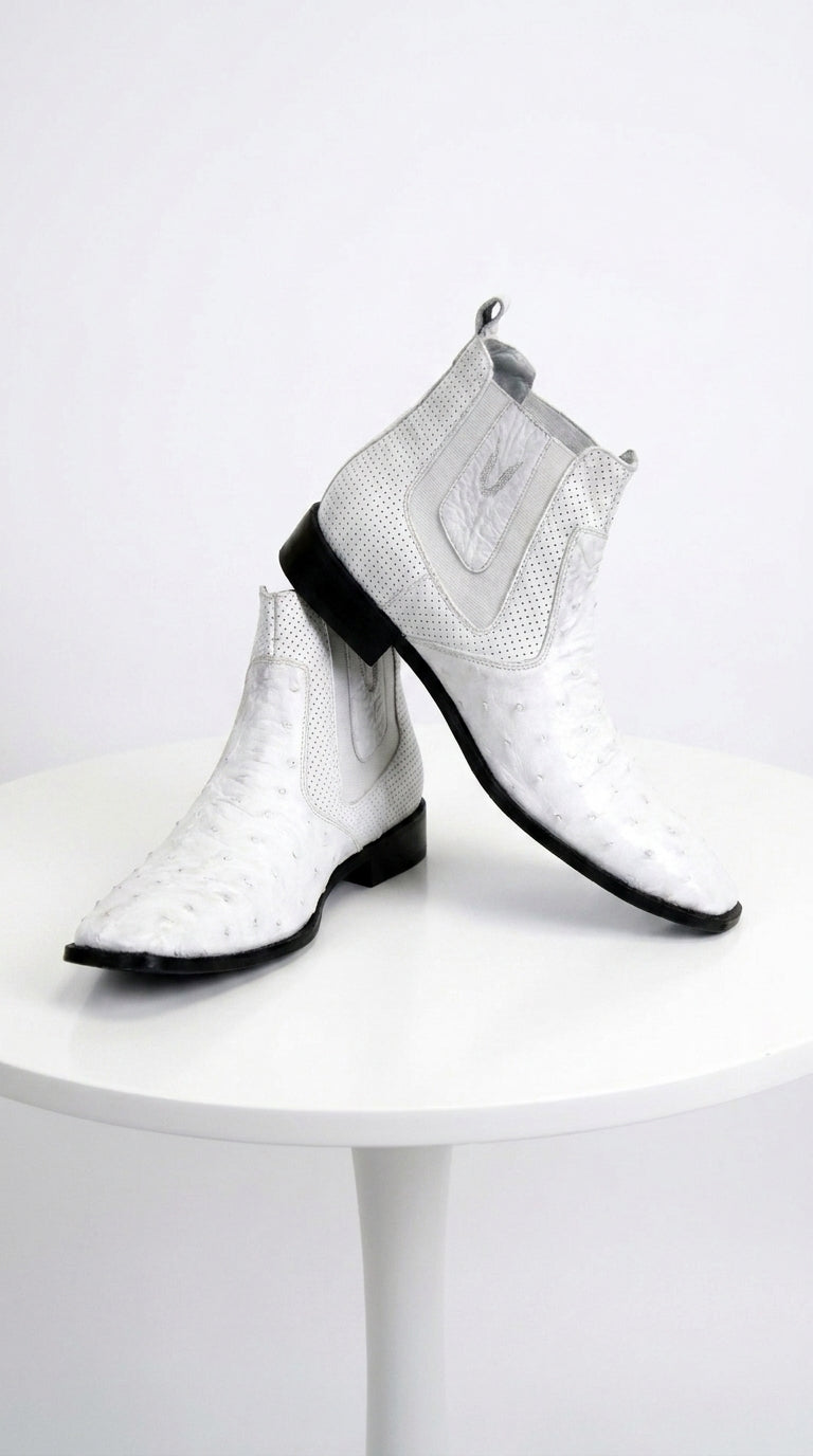 Men’s Handmade White Ostrich Chelsea Boots, Exotic Dress Ankle Boots for Formal and Western Style