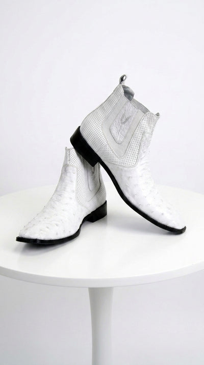 Men’s Handmade White Ostrich Chelsea Boots, Exotic Dress Ankle Boots for Formal and Western Style