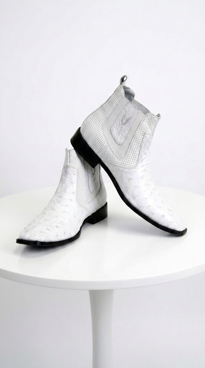 Men’s Handmade White Ostrich Chelsea Boots, Exotic Dress Ankle Boots for Formal and Western Style