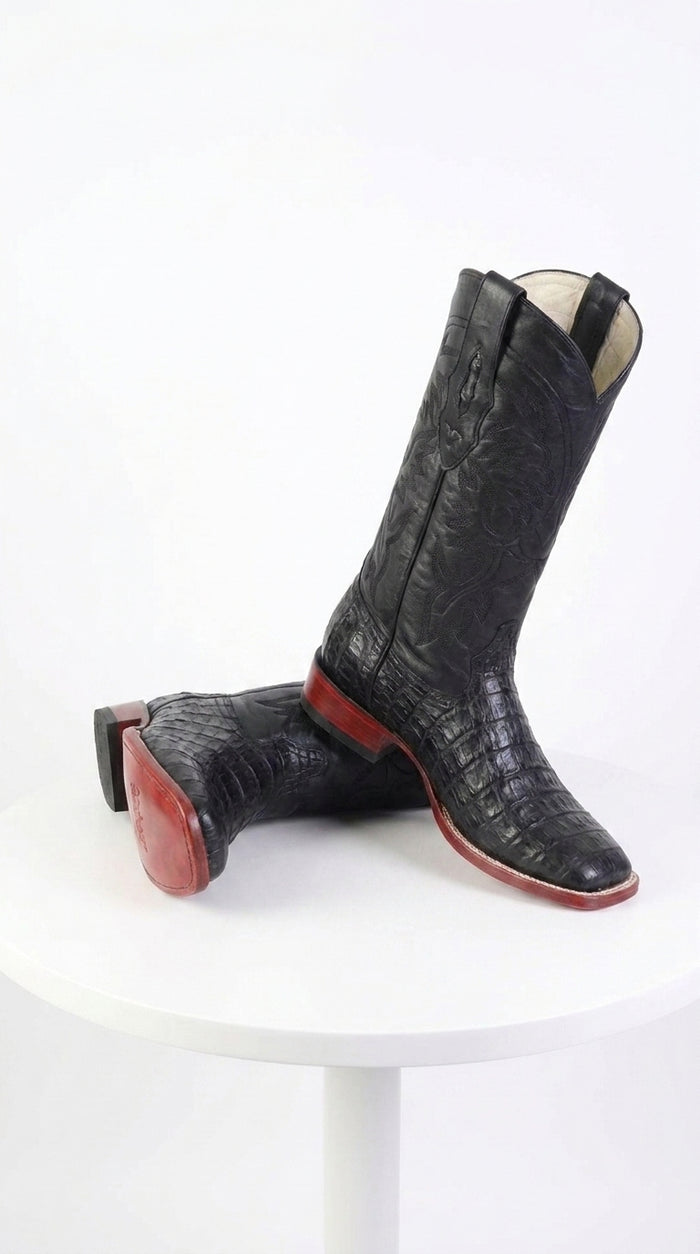 Los Altos Men’s Black Caiman Belly Wide Square Toe Boots, Exotic Western Cowboy Dress Boots