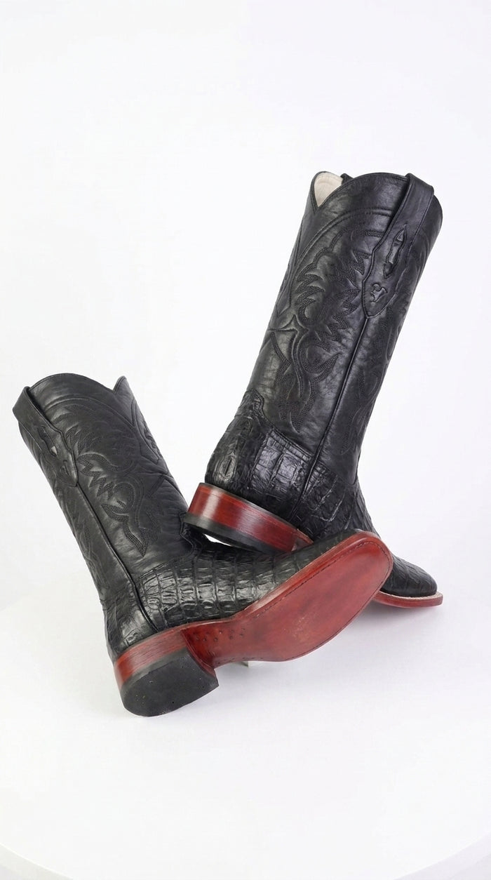 Los Altos Men’s Black Caiman Belly Wide Square Toe Boots, Exotic Western Cowboy Dress Boots