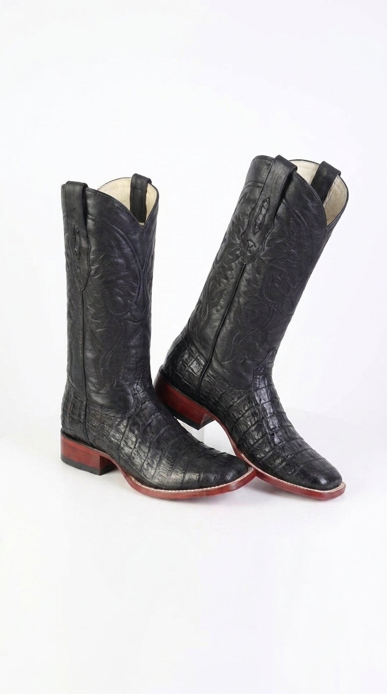 Los Altos Men’s Black Caiman Belly Wide Square Toe Boots, Exotic Western Cowboy Dress Boots