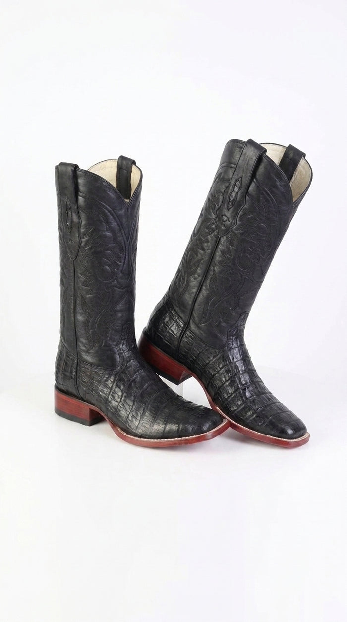 Los Altos Men’s Black Caiman Belly Wide Square Toe Boots, Exotic Western Cowboy Dress Boots