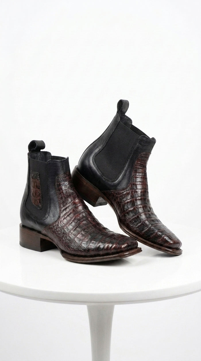 Men’s Black Cherry Short Caiman Boots, Square Toe Exotic Dress Ankle Boots