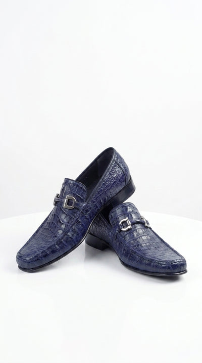 Men’s Navy Genuine Caiman Belly Loafers, Crocodile Texture Exotic Formal Dress Shoes