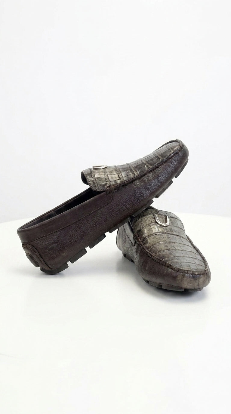 Vestigium Men’s Brown Genuine Caiman Belly Loafers, Handcrafted Alligator Texture Dress Shoes