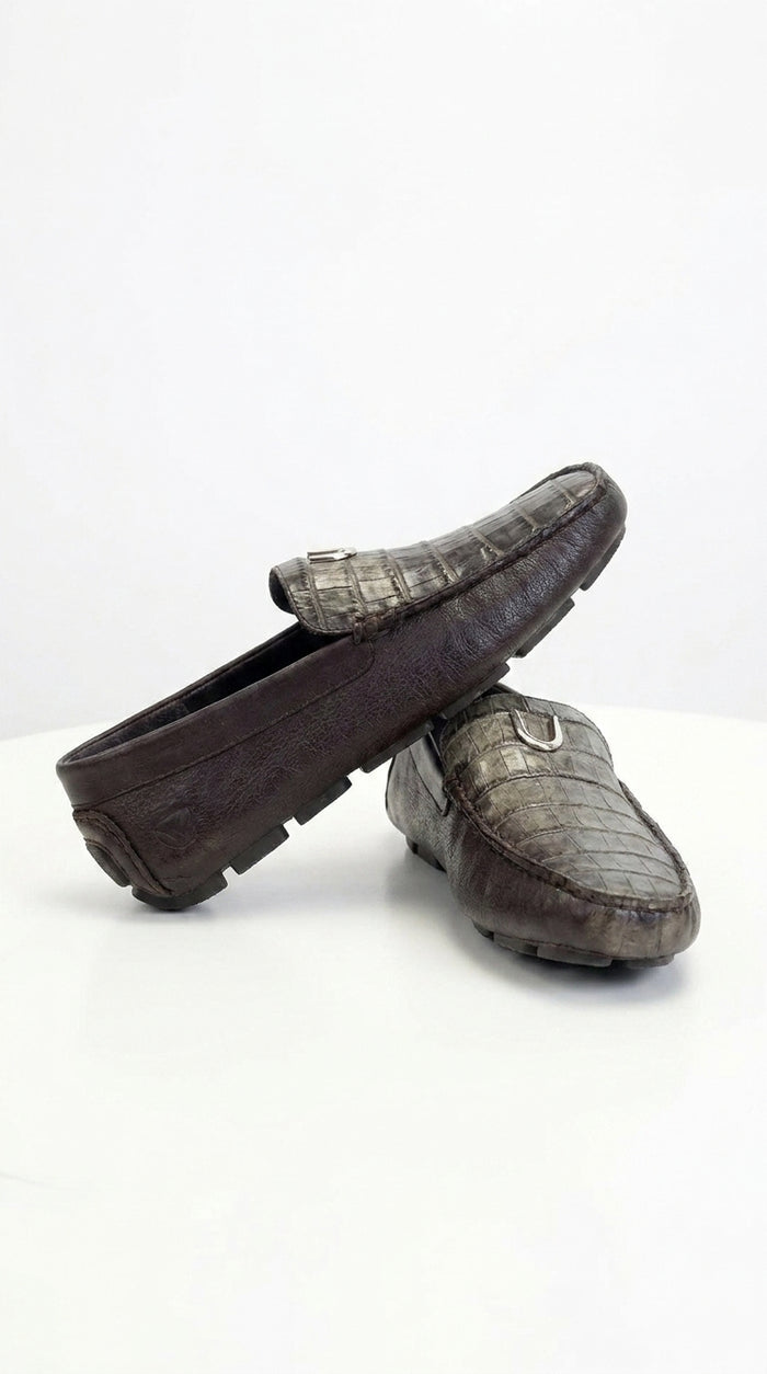 Vestigium Men’s Brown Genuine Caiman Belly Loafers, Handcrafted Alligator Texture Dress Shoes