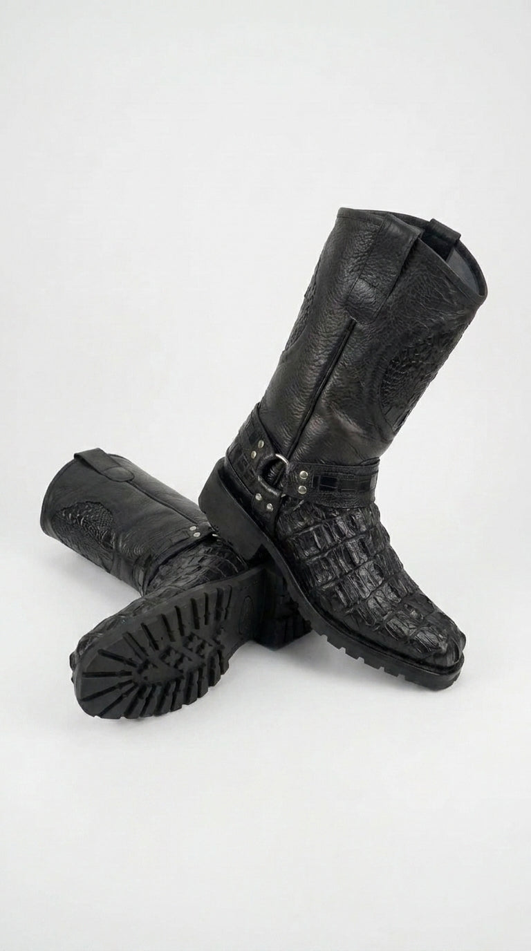 Los Altos Men’s Black Caiman Tail Skin Biker Boots, Exotic Western Motorcycle Boots