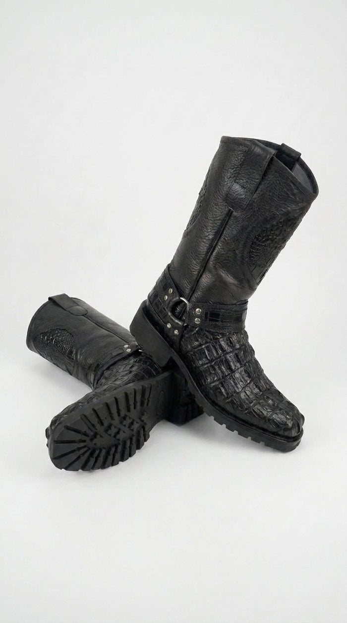 Los Altos Men’s Black Caiman Tail Skin Biker Boots, Exotic Western Motorcycle Boots