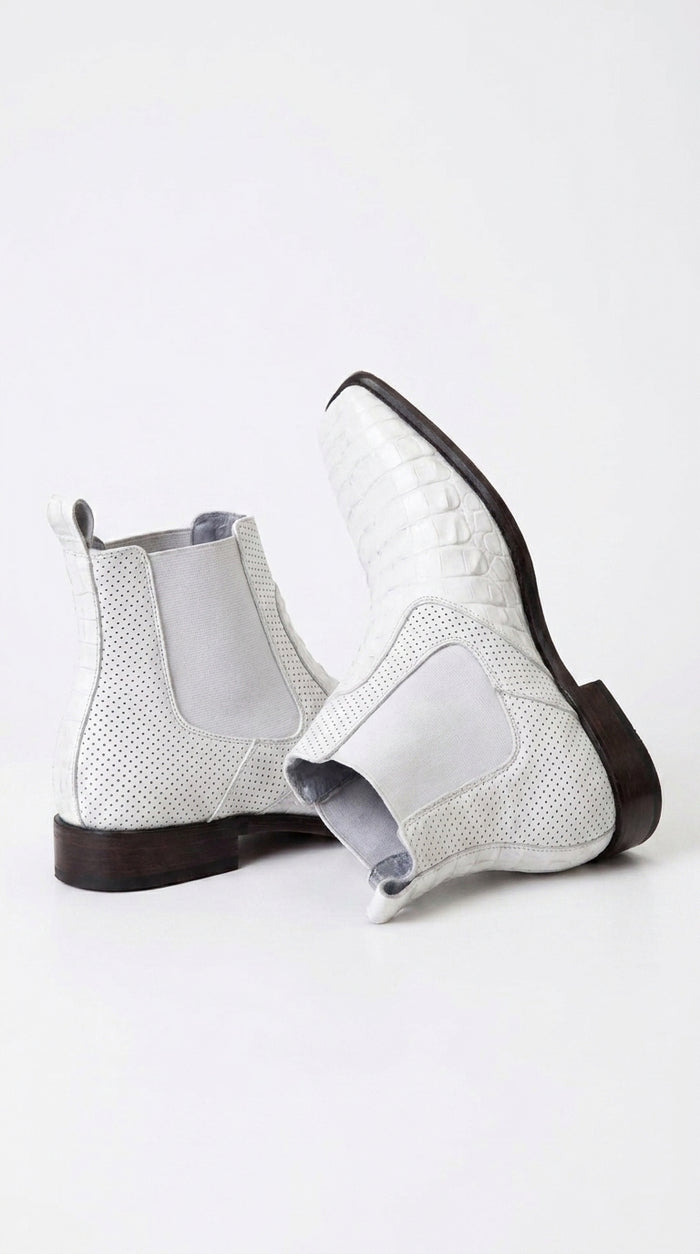 Men’s White Caiman Chelsea Boots, Handmade Exotic Dress Ankle Boots for Formal and Western Style