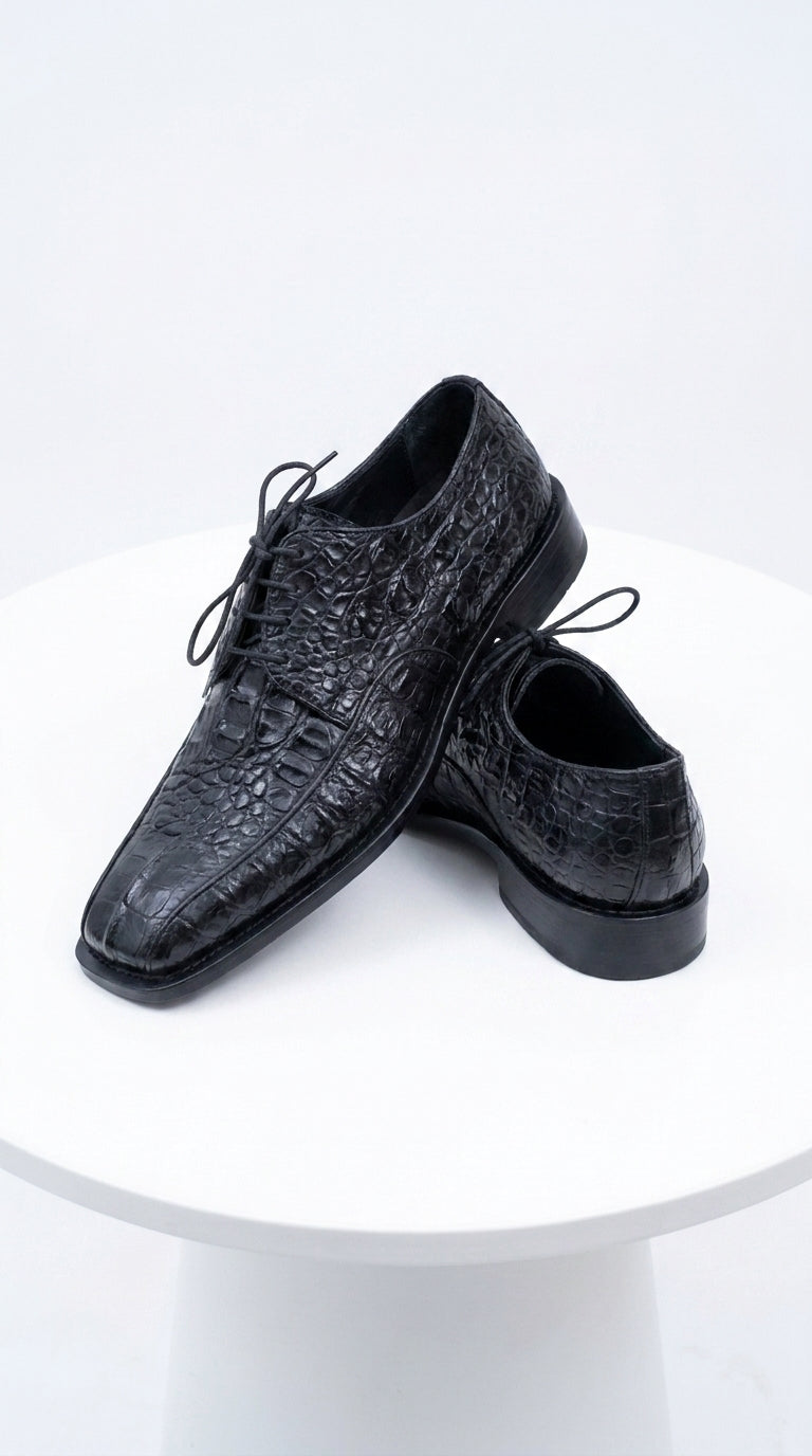 Los Altos Men’s Black Gator Belly Dress Shoes, Exotic Lace-Up Formal Shoes