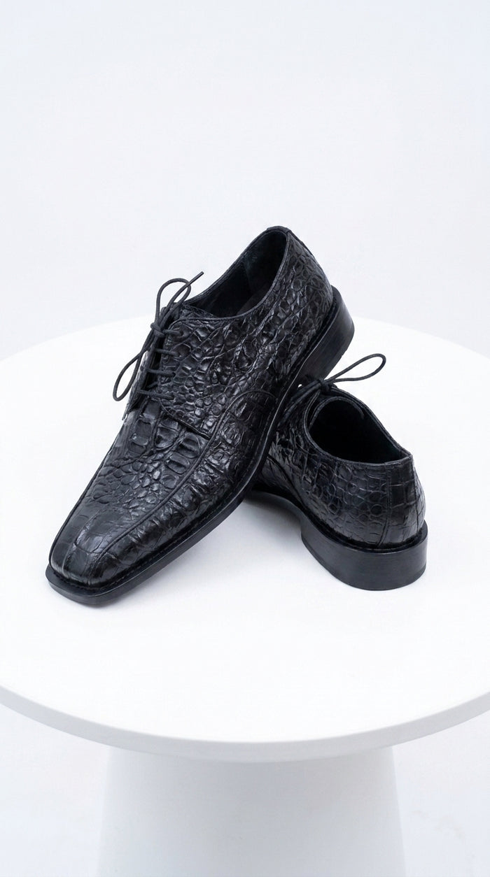 Los Altos Men’s Black Gator Belly Dress Shoes, Exotic Lace-Up Formal Shoes