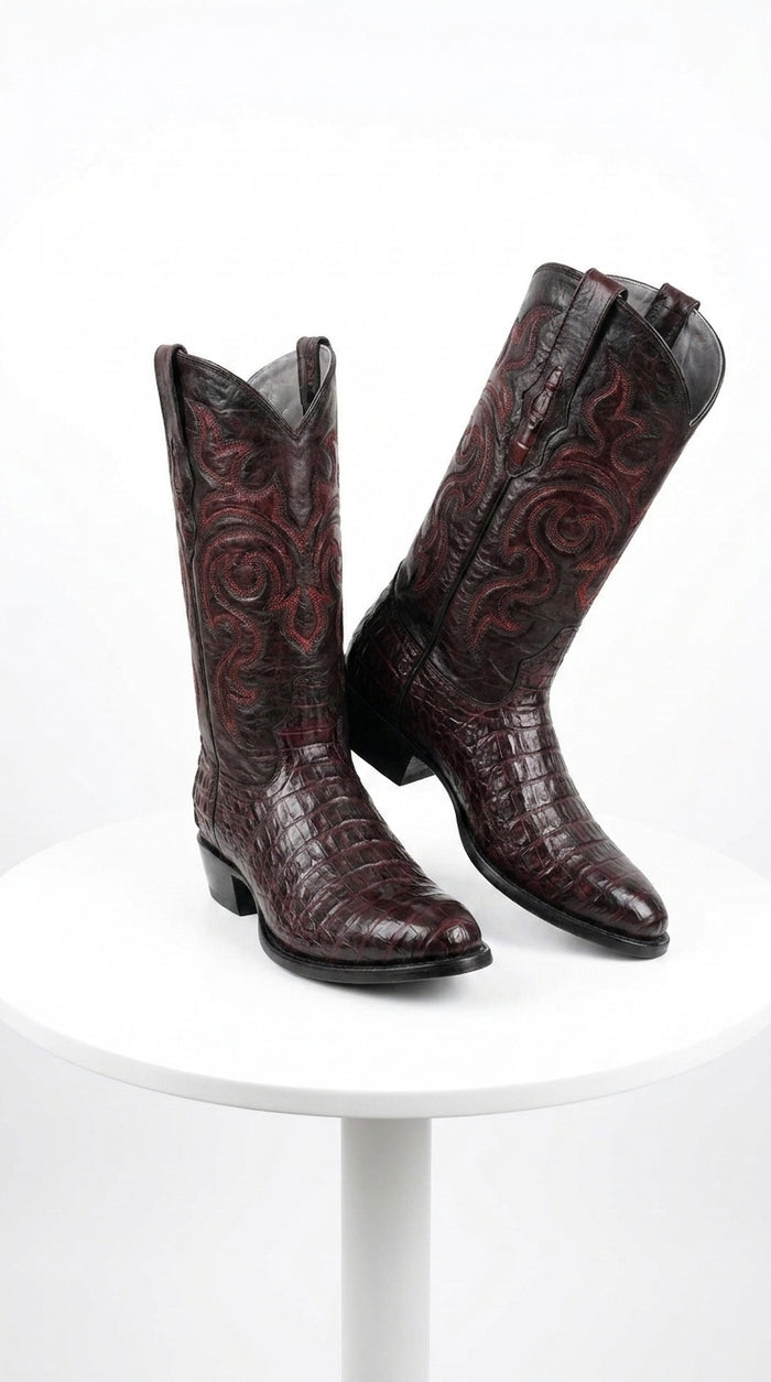 Los Altos Men’s Black Cherry Caiman Belly Boots, Round Toe Exotic Western Cowboy Dress Boots