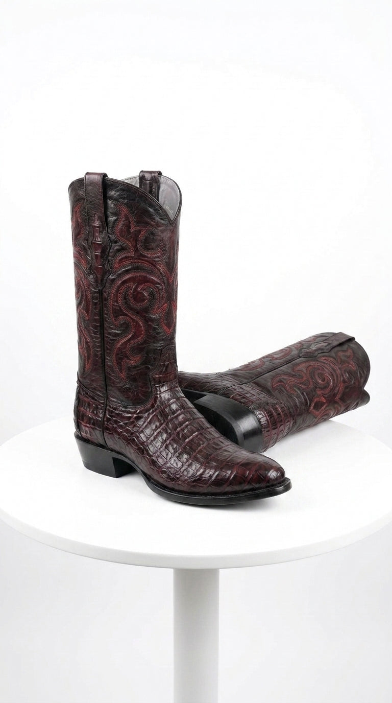 Los Altos Men’s Black Cherry Caiman Belly Boots, Round Toe Exotic Western Cowboy Dress Boots