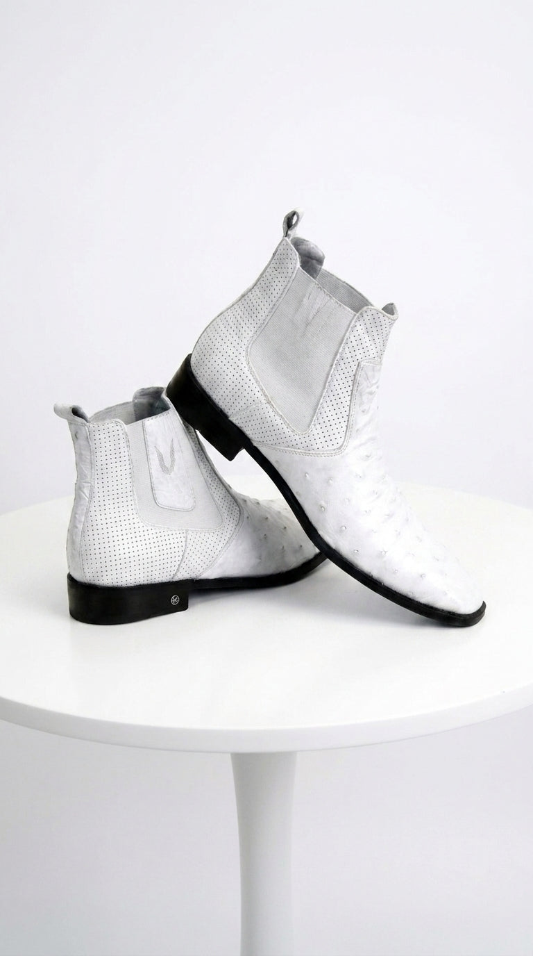 Men’s Handmade White Ostrich Chelsea Boots, Exotic Dress Ankle Boots for Formal and Western Style