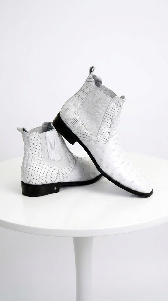 Men’s Handmade White Ostrich Chelsea Boots, Exotic Dress Ankle Boots for Formal and Western Style