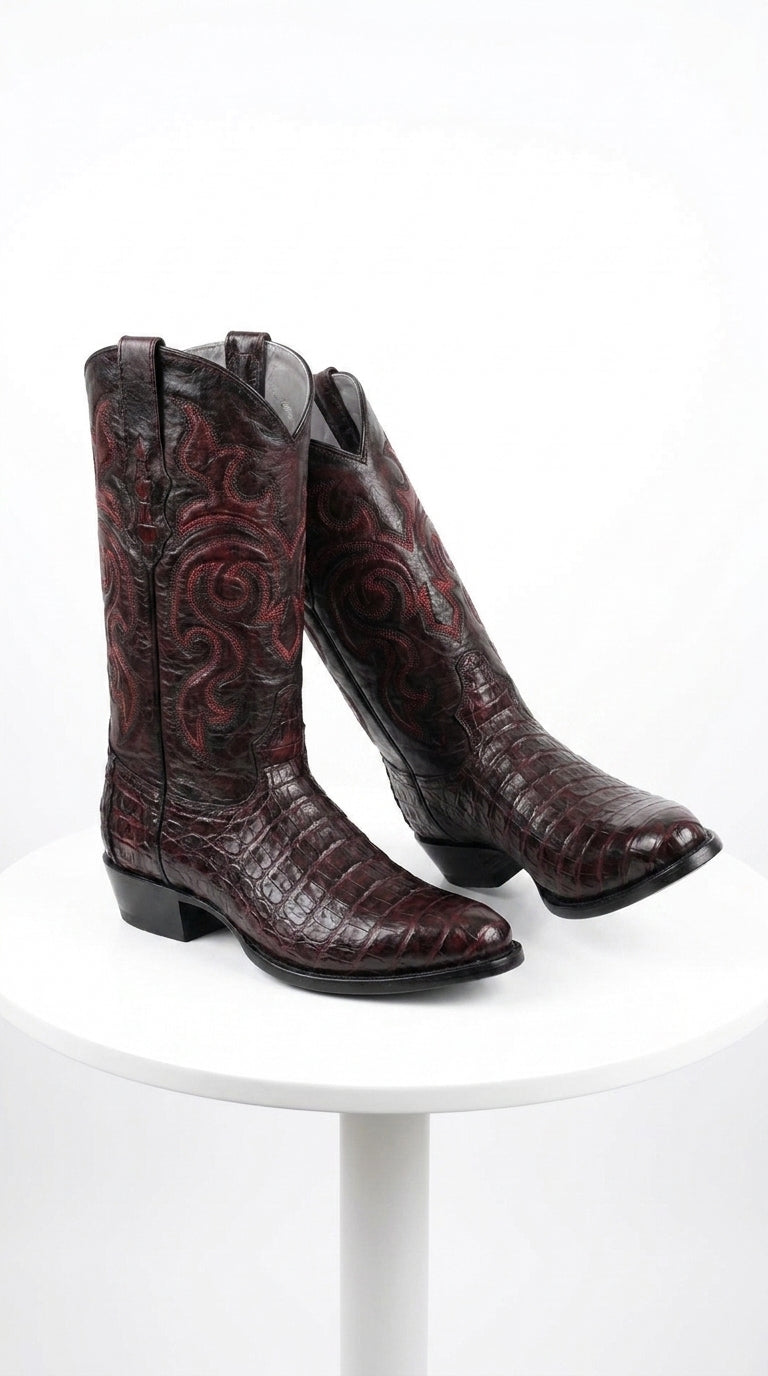Los Altos Men’s Black Cherry Caiman Belly Boots, Round Toe Exotic Western Cowboy Dress Boots