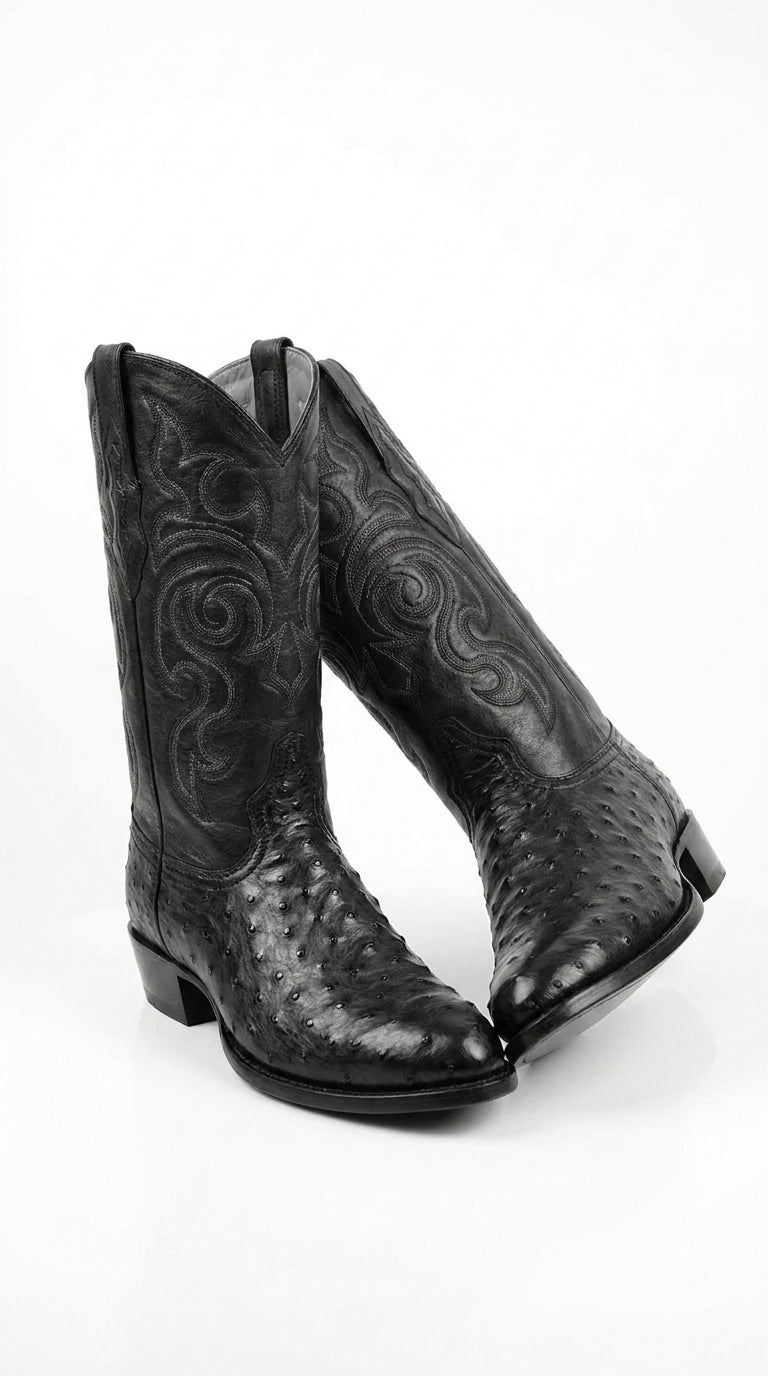 Los Altos Men’s Black Full Quill Ostrich Boots, Round Toe Exotic Western Cowboy Dress Boots