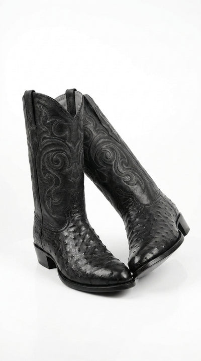 Los Altos Men’s Black Full Quill Ostrich Boots, Round Toe Exotic Western Cowboy Dress Boots