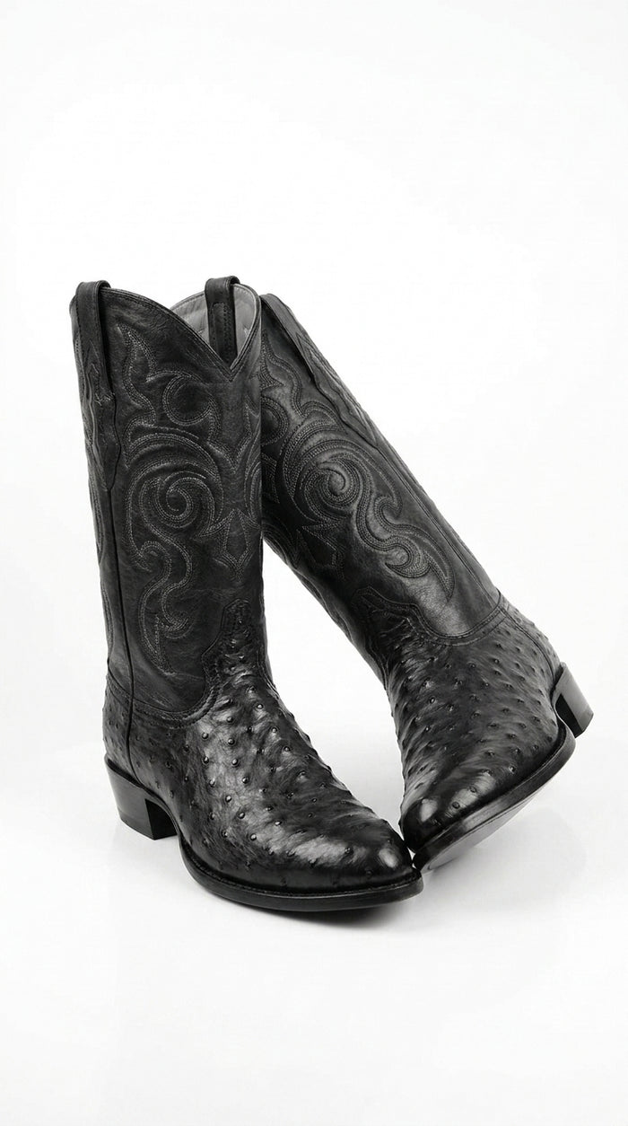 Los Altos Men’s Black Full Quill Ostrich Boots, Round Toe Exotic Western Cowboy Dress Boots
