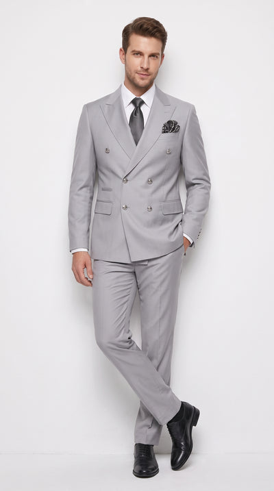 Rossi Man Men’s Silver Double Breasted Suit, Modern Fit Formal Wedding Prom Suit