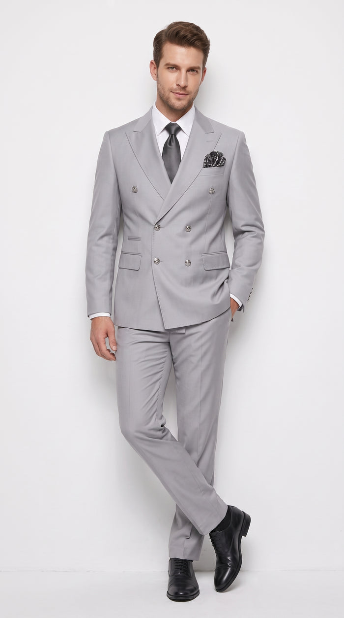 Rossi Man Men’s Silver Double Breasted Suit, Modern Fit Formal Wedding Prom Suit