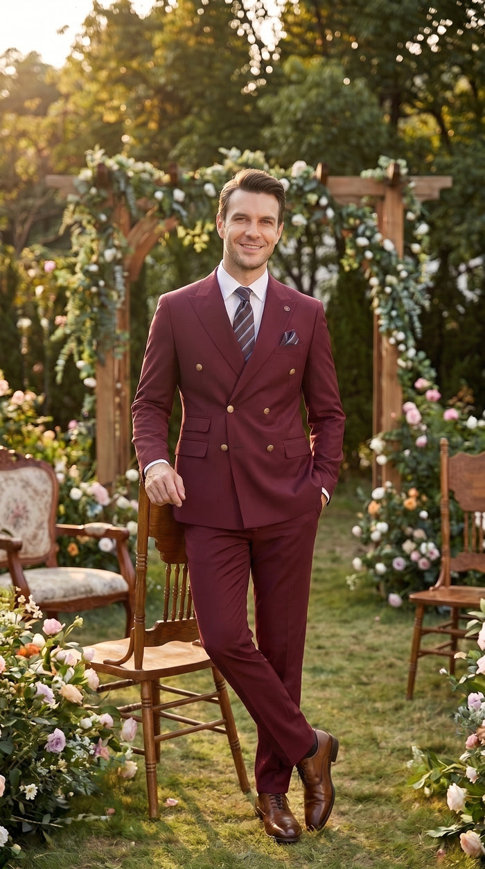 Men’s Burgundy Double Breasted Wool Suit with Gold Buttons, Modern Formal Wedding Business Suit