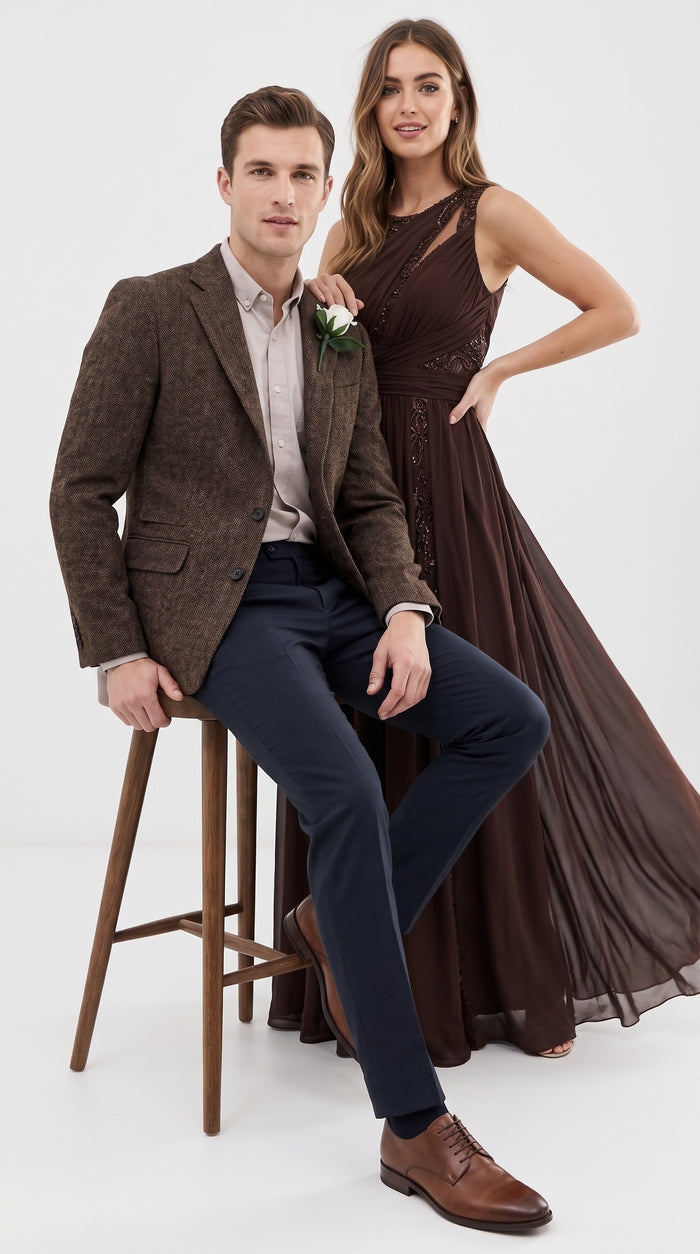 Men’s Dark Brown Tweed Herringbone Blazer, Classic Dress Sport Coat for Wedding and Casual Events