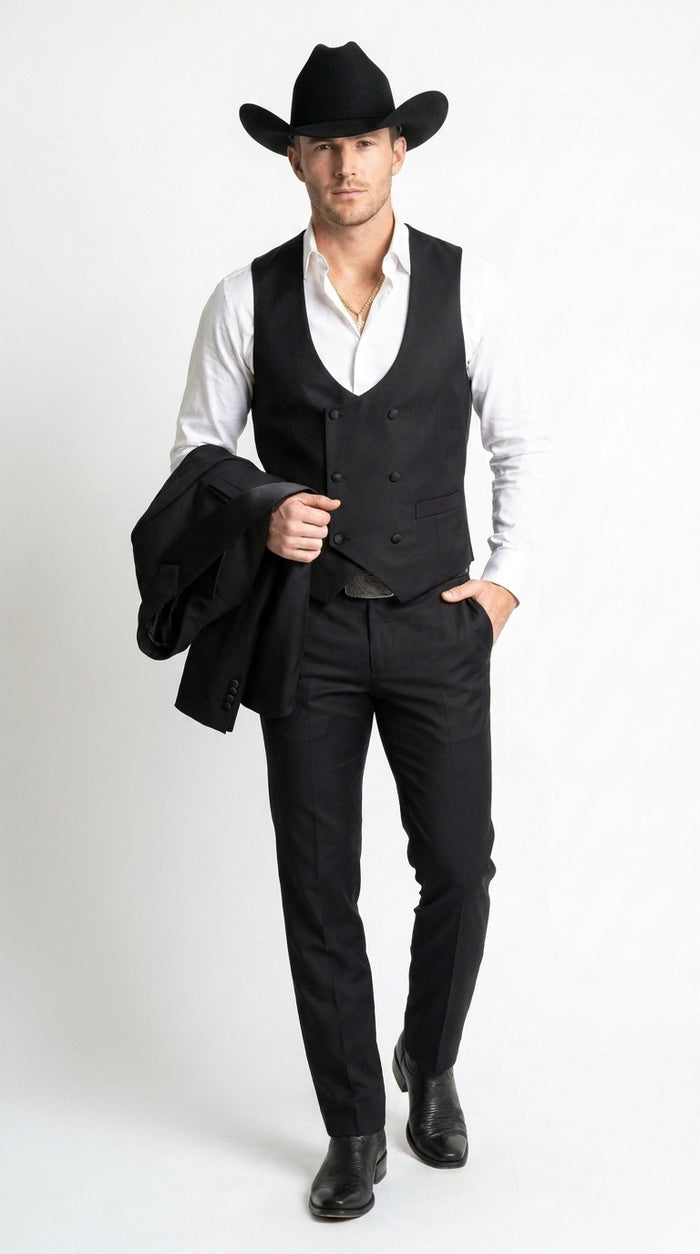 Men’s Black Western Tuxedo Suit with Satin Shawl Lapel, Double Breasted Vest Formal Cowboy Suit