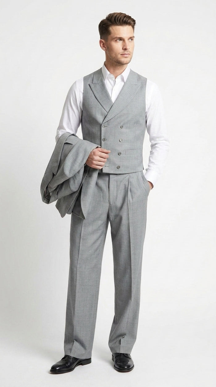 Men’s Grey Classic Fit 3-Piece Suit – Double-Breasted Vest with Pleated Pants for Atheltic Fit Real Super 150's Wool, Business and Formal Events