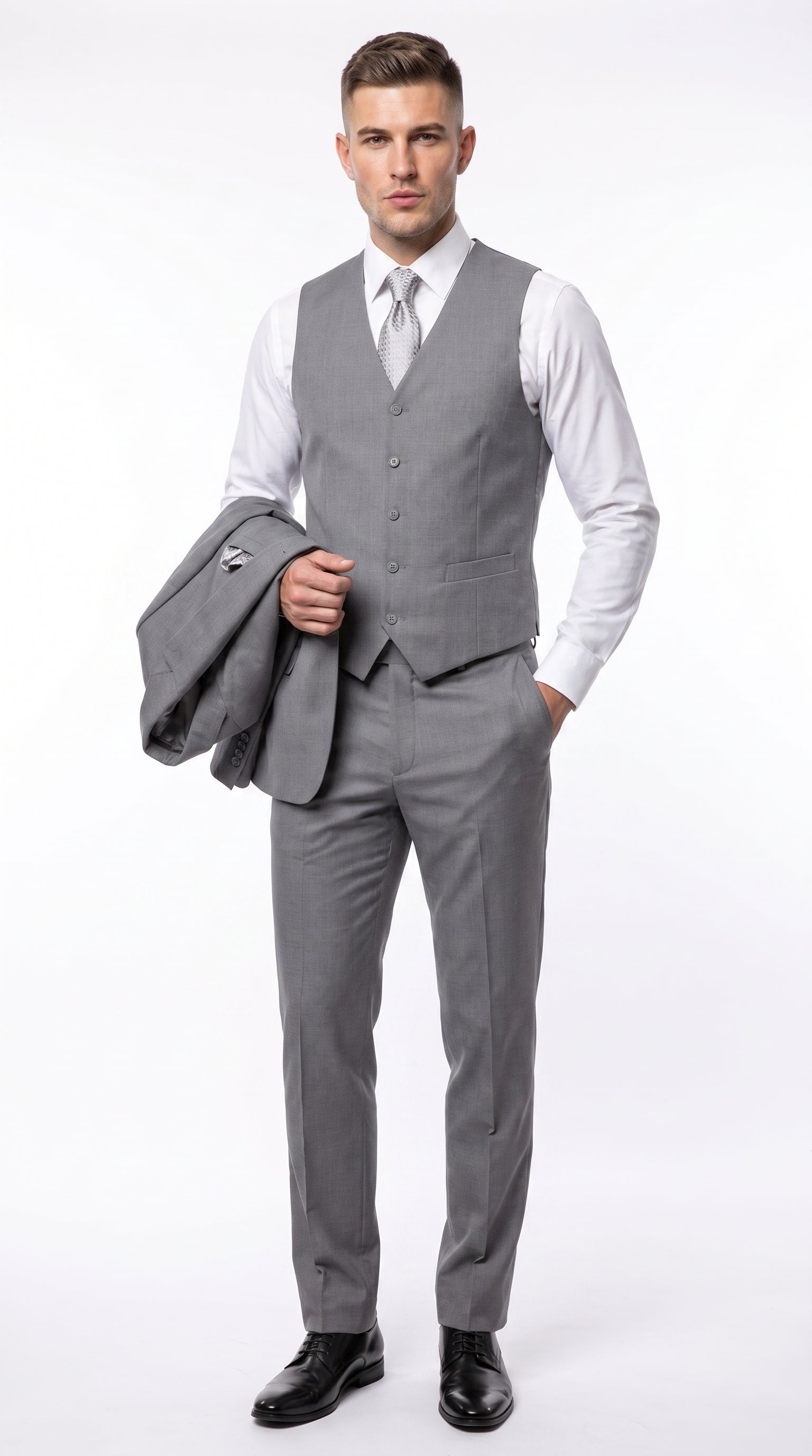 Men’s Light Grey Classic Vested Suit, 3 Piece Formal Wedding Business Dress Suit
