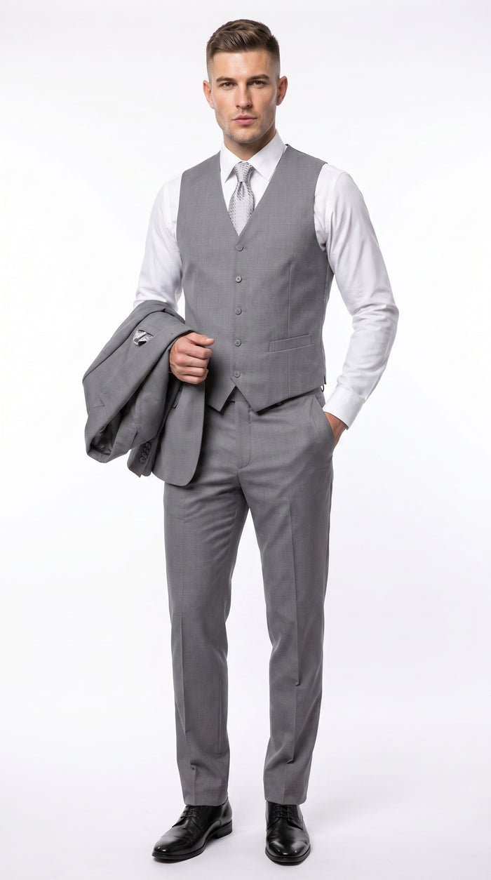 Men’s Light Grey Classic Vested Suit, 3 Piece Formal Wedding Business Dress Suit