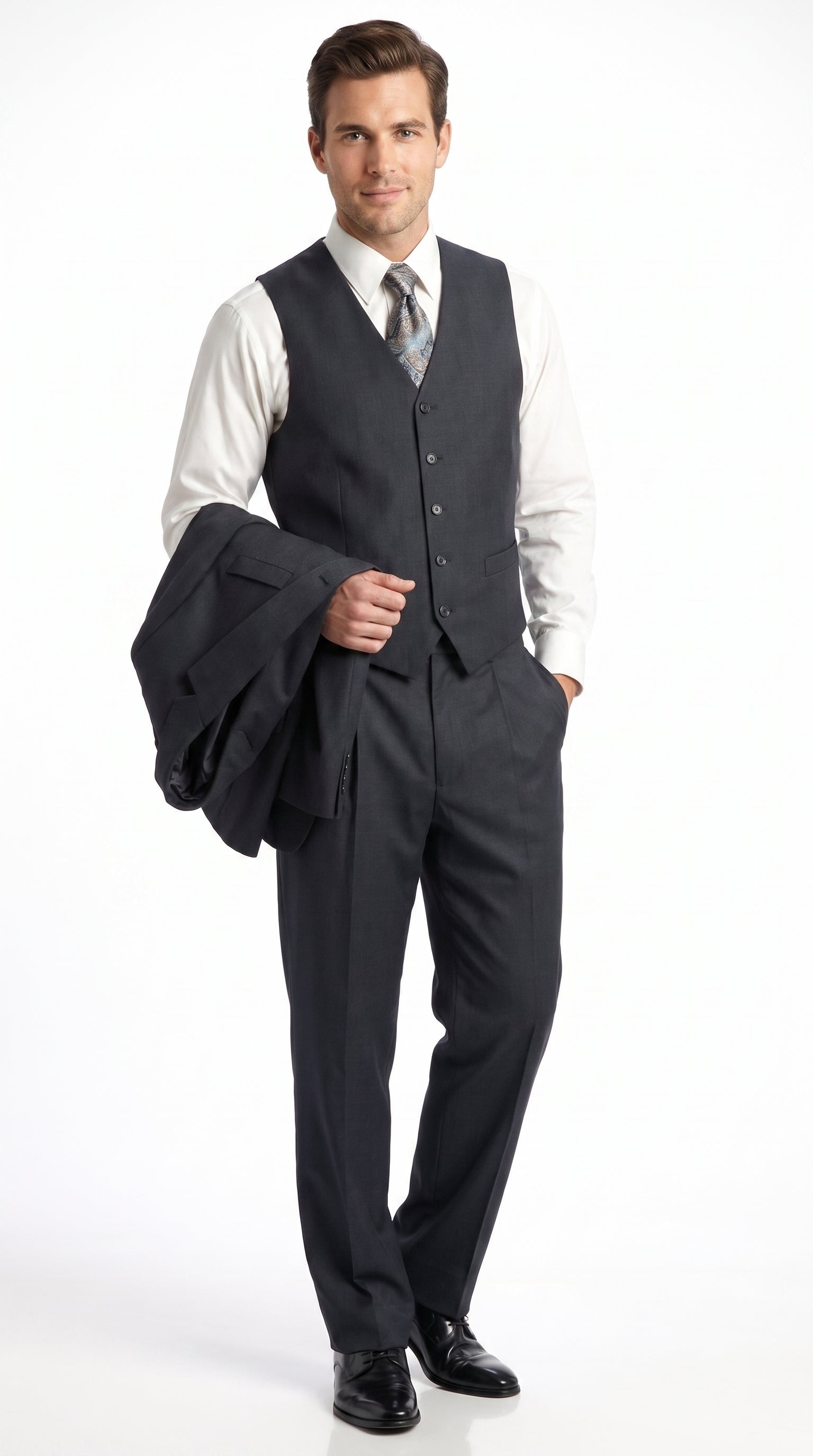 Men’s Charcoal 3 Piece Super 150s Italian Fabric Suit, 2 Button Classic Formal Dress Suit