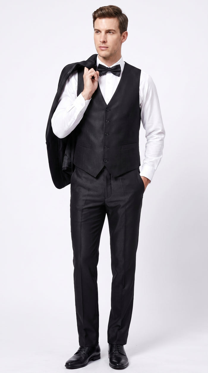 Men’s Black Sharkskin Vested Tuxedo, 1 Button Shawl Lapel Formal Wedding Prom Suit