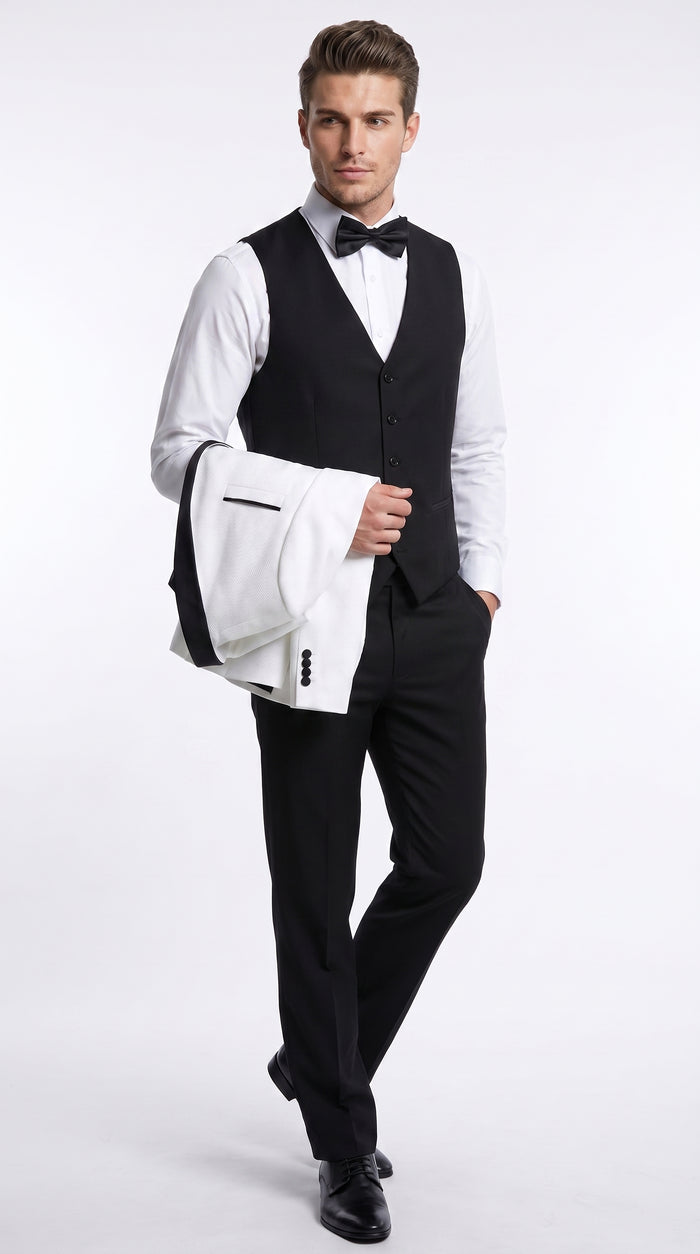 Men’s White Sharkskin Shawl Lapel Tuxedo, Black Trim Formal Wedding Prom Suit