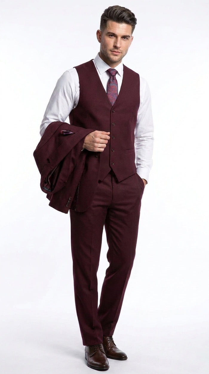 Men’s Burgundy 3-Piece Wool Suit – Regular Fit Wedding, Business and Formal Suit with Pleated Pants