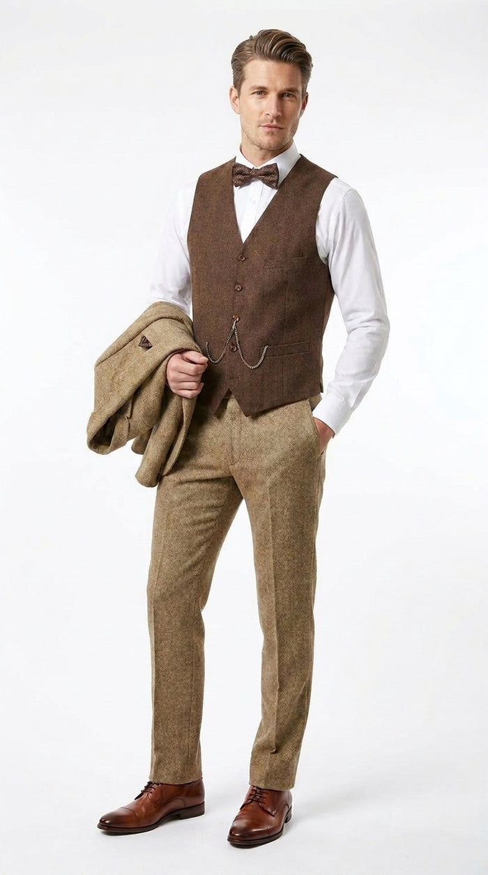 Men’s Great Gatsby 3-Piece Suit – Tobey Maguire Inspired 1920s Vintage Wedding Costume in Tan
