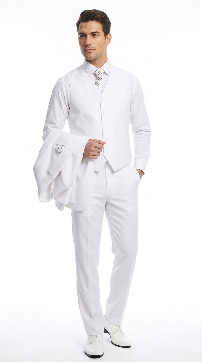 Men’s White 2 Button Wedding Suit, Modern Vested Formal Groom Prom Dress Suit
