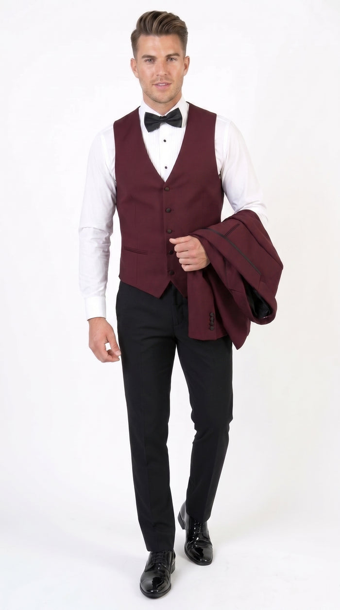 Men’s Burgundy and Black Wool Shawl Lapel Tuxedo Set – Formal Wedding Prom Dinner Suit