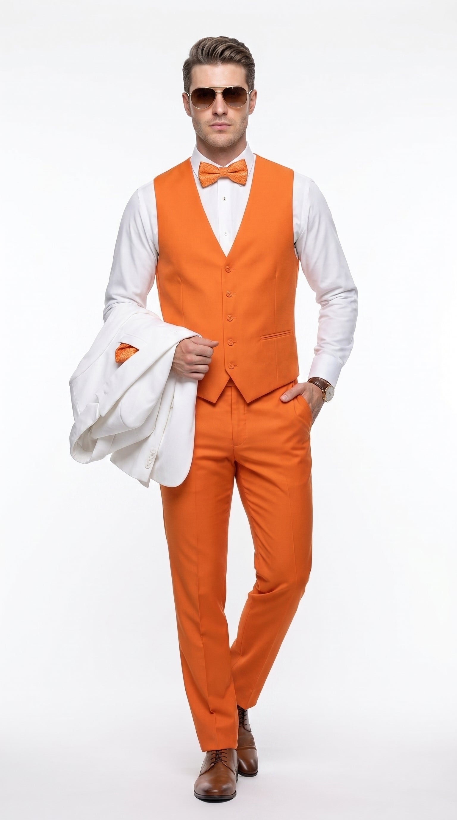 Men’s White and Orange Tuxedo Wedding Suit Set, Formal Prom Groom Dinner Suit