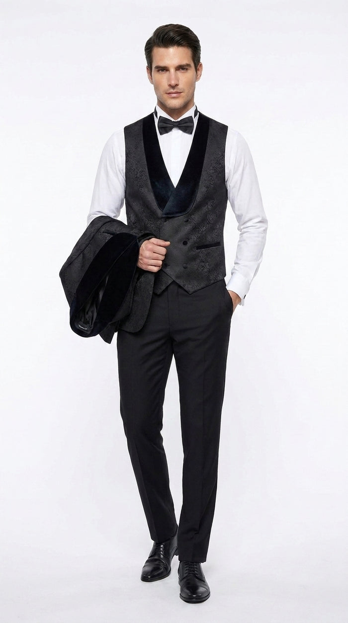 Men’s Black Designer 3-Piece Wedding Tuxedo – Wide Velvet Shawl Lapel Vested Formal Suit