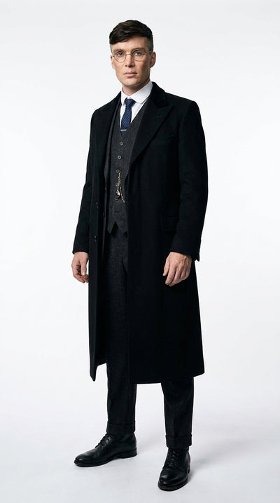 Men’s Black Peaky Blinders 3-Piece Suit with Overcoat – Thomas Shelby Inspired 1920s Gangster Outfit