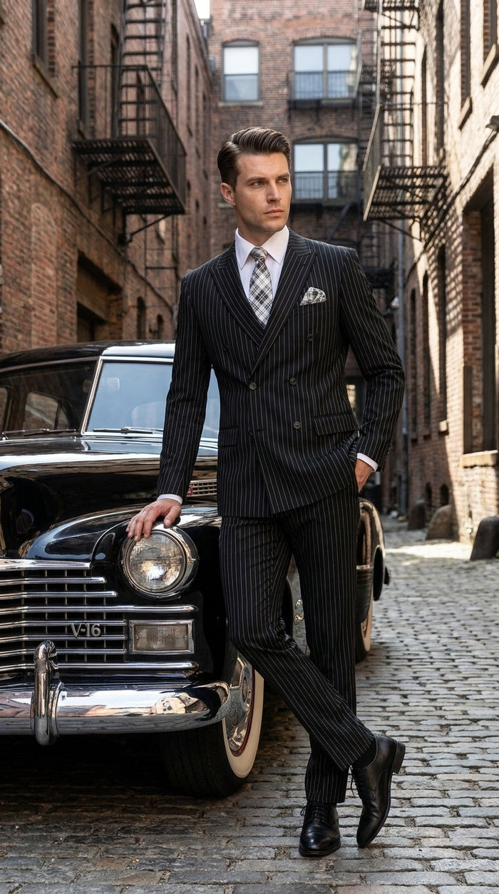 Men’s Black Bold Pinstripe Double-Breasted Wool Suit – Designer Gangster Wedding and Formal Suit