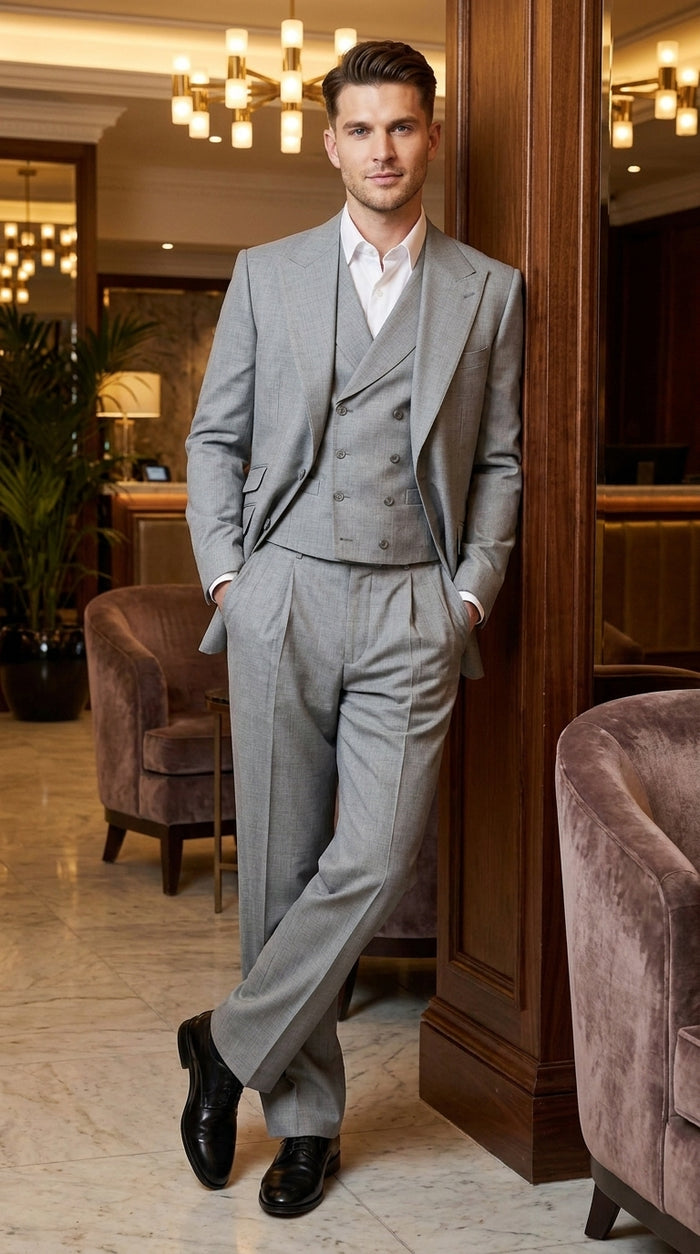 Men’s Grey Classic Fit 3-Piece Suit – Double-Breasted Vest with Pleated Pants for Atheltic Fit Real Super 150's Wool, Business and Formal Events