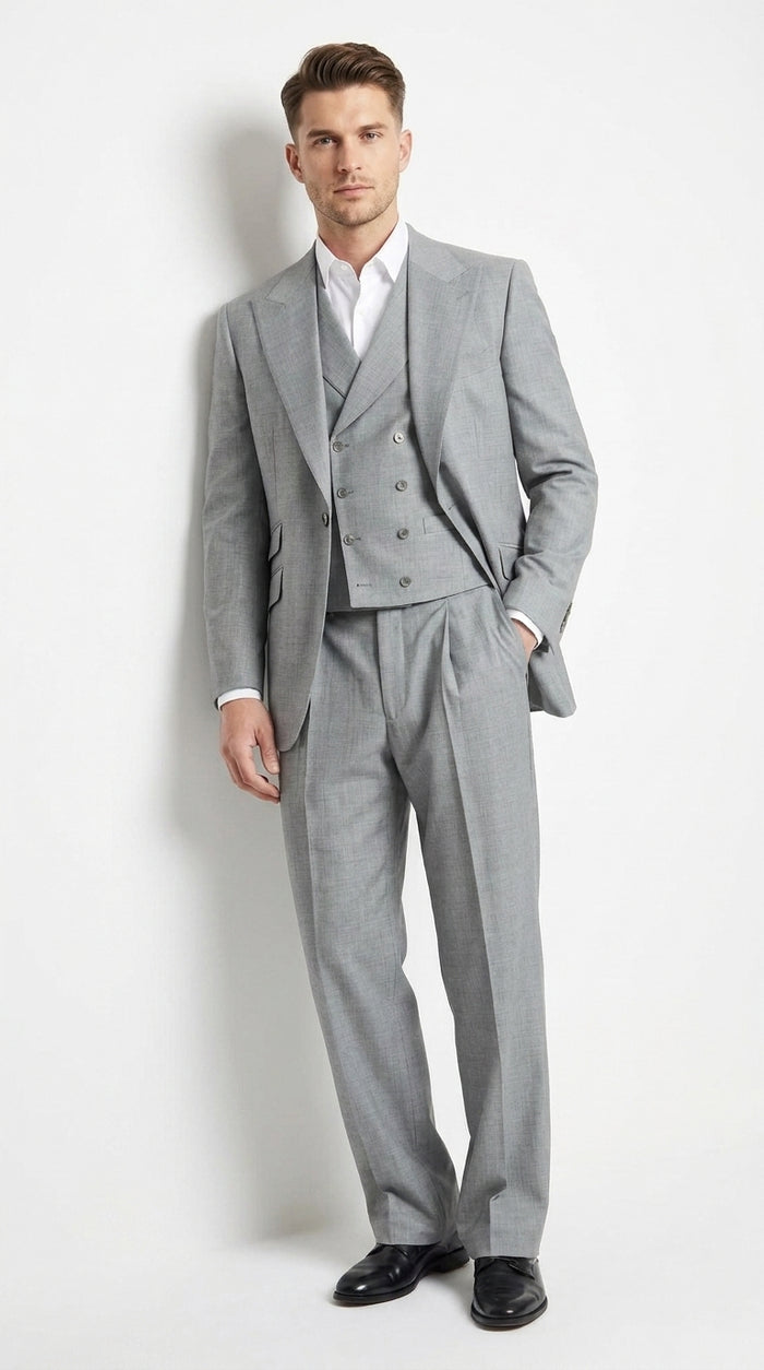 Men’s Grey Classic Fit 3-Piece Suit – Double-Breasted Vest with Pleated Pants for Atheltic Fit Real Super 150's Wool, Business and Formal Events