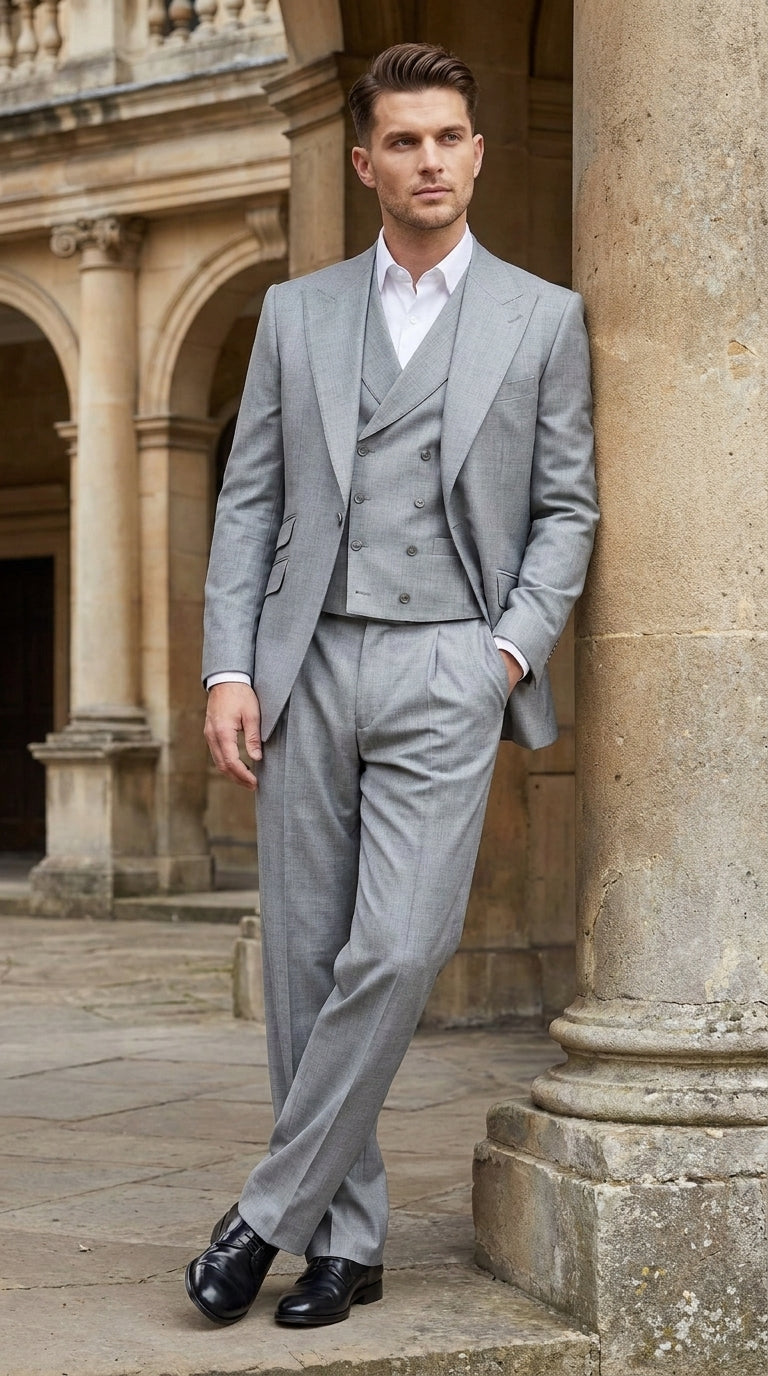 Men’s Grey Classic Fit 3-Piece Suit – Double-Breasted Vest with Pleated Pants for Atheltic Fit Real Super 150's Wool, Business and Formal Events
